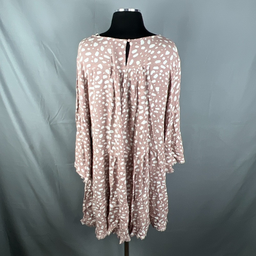 Umgee Shift Dress Womens Medium Dusty Pink White Organic Spot Print Frayed Trim - Picture 2 of 9